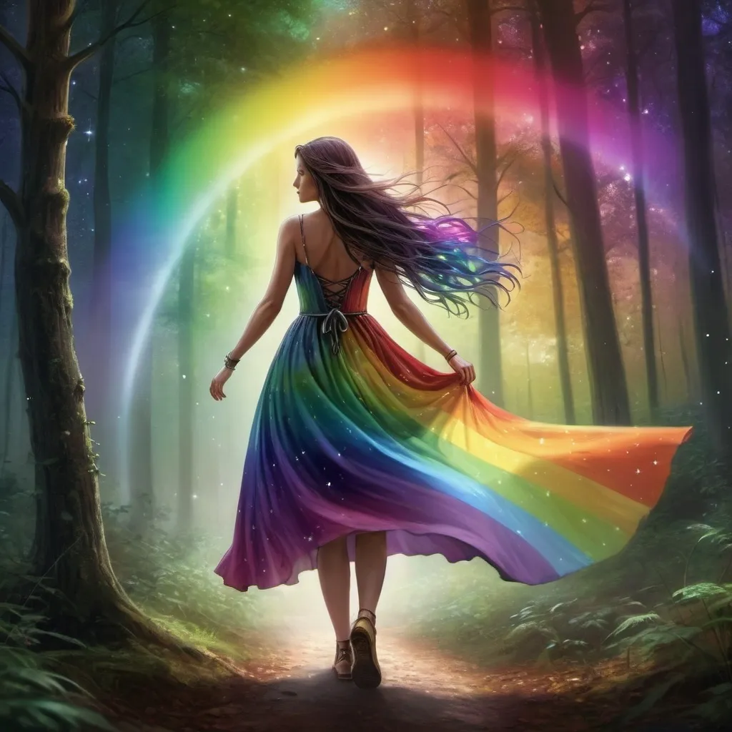 Prompt: a woman in a colorful dress walking through a forest with a rainbow light in the background and stars in the sky, Anne Stokes, fantasy art, mystical colors, digital art