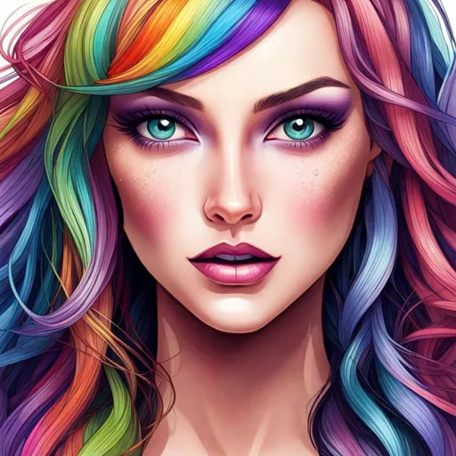 Prompt: pretty woman, rainbow hair, beautiful makeup,facial closeup,violet eyes, cartoon style