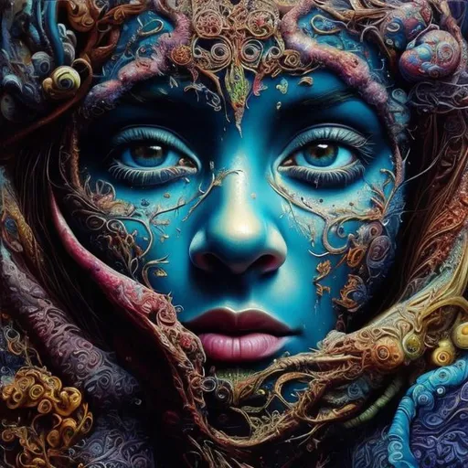 Prompt: Surreal painting of face, oil painting, vibrant and dreamy, hyper-realistic, intricate details, colorful and vibrant, high quality, surrealism, oil painting, vibrant colors, hyper-realism, intricate details, dreamy lighting