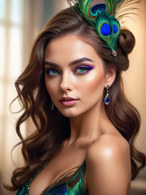 Prompt: <mymodel> Gorgeous woman with beautiful makeup and hair, peacock feathers, high-quality, detailed, realistic, elegant, vibrant colors, professional makeup, glamorous lighting, 4k resolution, portrait, detailed facial features, luxurious, exotic, peacock feathers, elegant hairstyle, stunning makeup, beauty shot