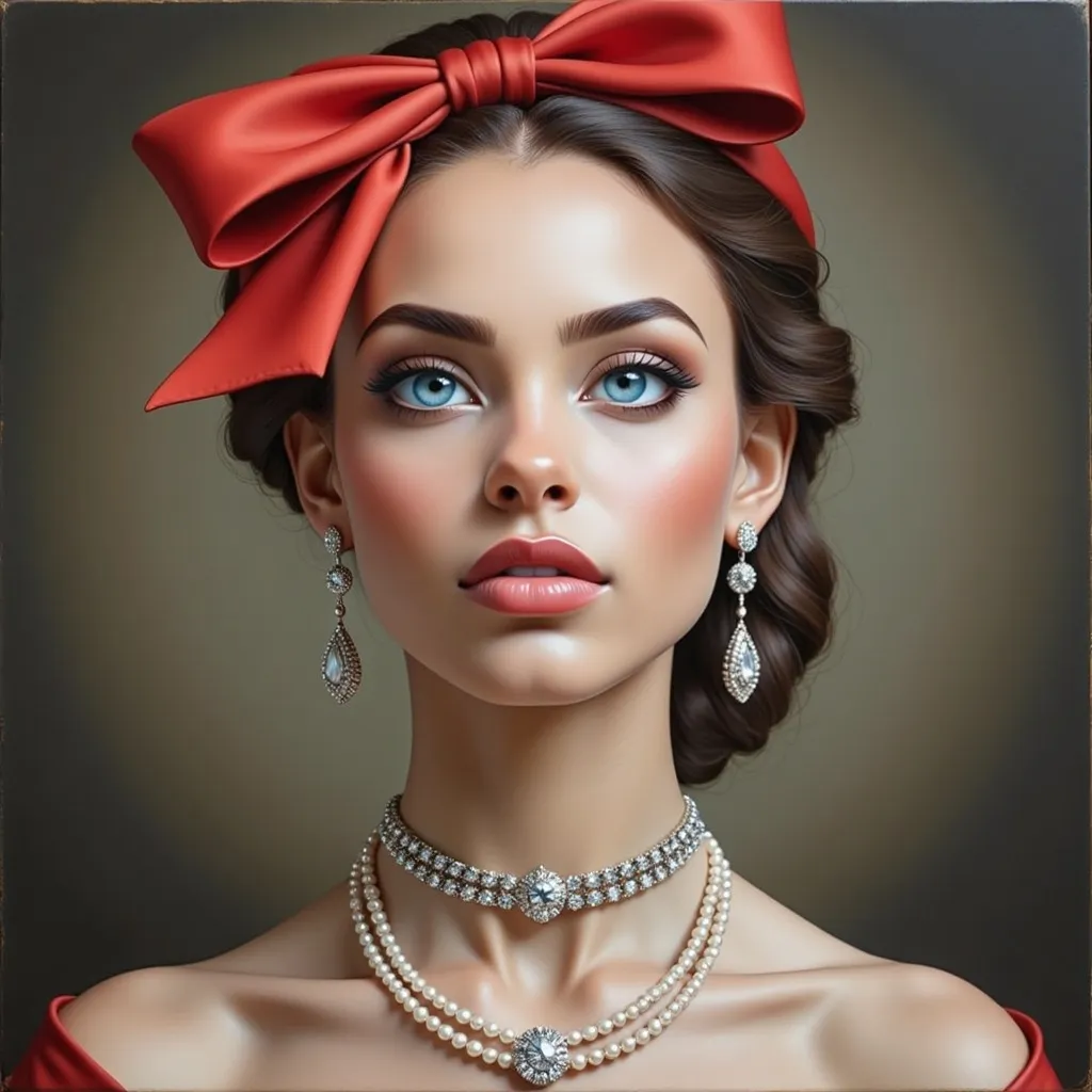 Prompt: a painting of a woman wearing a red bow and a necklace with pearls on it's neck and a diamond necklace on her neck, Dino Valls, hyperrealism, highly detailed oil painting, a photorealistic painting