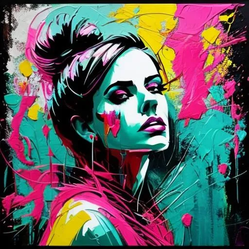 Prompt: Woman with magenta and turquoise paint splatter, abstract art, vibrant colors, high-contrast, modern art style, detailed features, dynamic composition, acrylic painting, high quality, vibrant, abstract, modern art, magenta and turquoise, high contrast, detailed features, dynamic composition, acrylic painting, professional, vibrant lighting