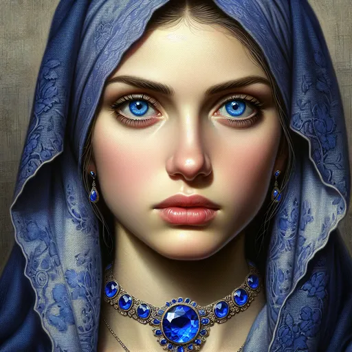 Prompt: a woman with blue eyes wearing a blue head scarf and a sapphire necklace, Art Brenner, figurative art, highly detailed digital painting, a photorealistic painting