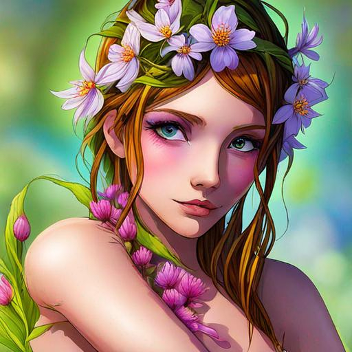 Prompt: a fairy of spring, ,wildflowers, vivid colors,  facial closeup