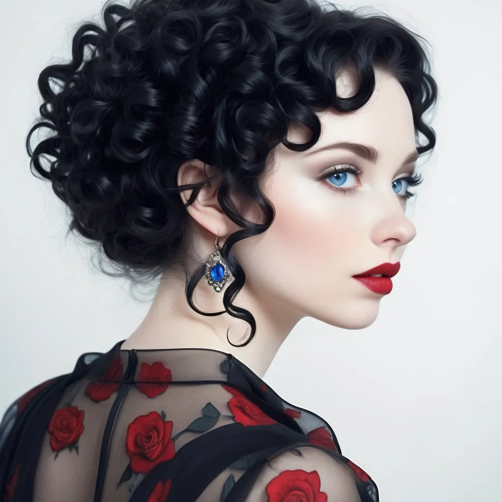 Prompt: An elegant and beautiful woman.  curly black hair, pale skin and blue eyes, red lips