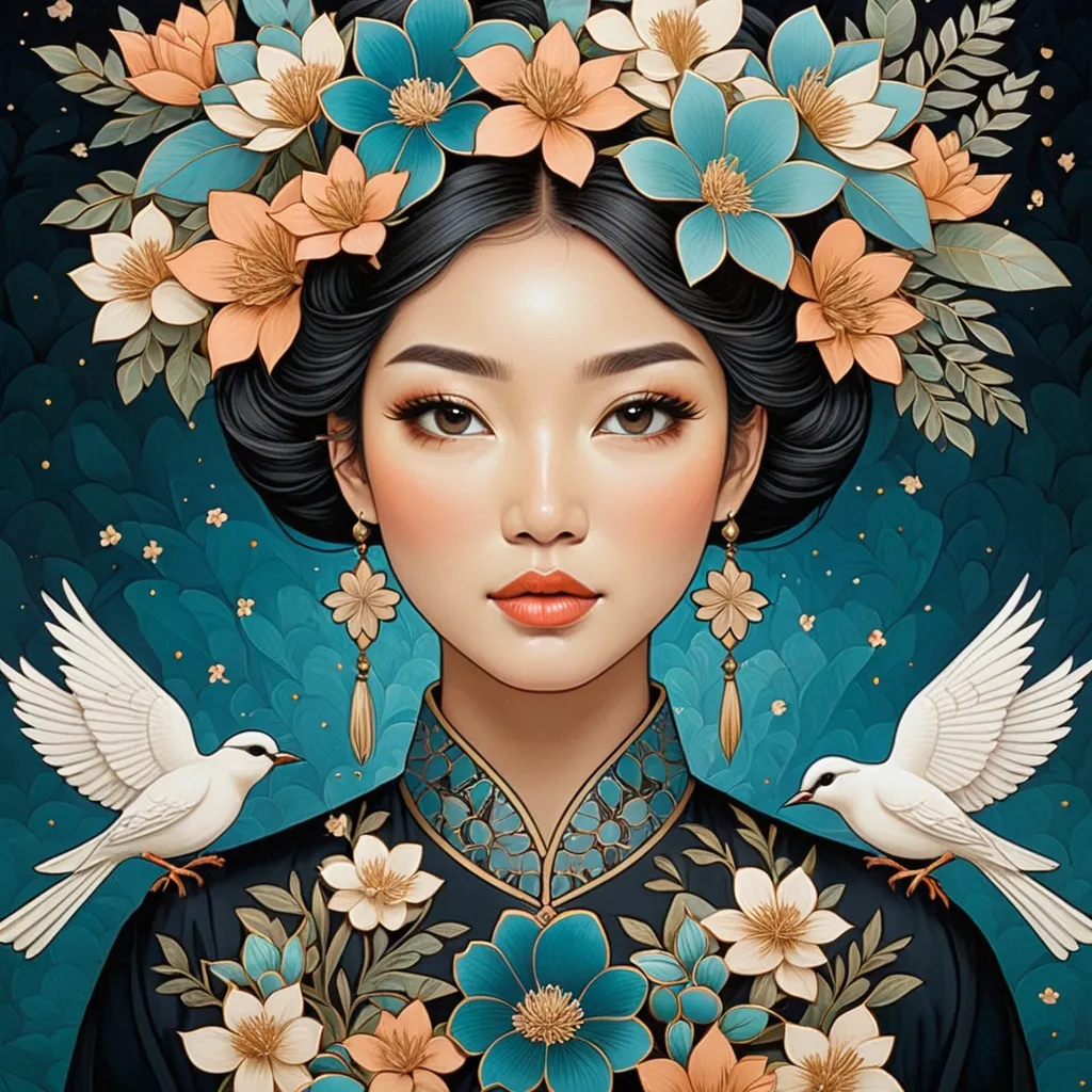 Prompt: f a woman with flowers in her hair and two birds on her shoulders, Audrey Kawasaki, cloisonnism, highly detailed digital painting, a detailed painting