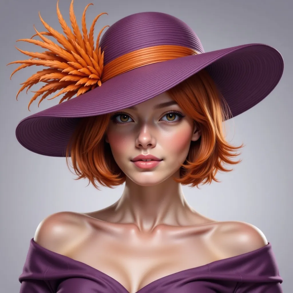 Prompt: <mymodel> a woman in a purple dress and purple hat with orange feathers on her head and a purple hat with orange feathers on her head, Edwin Georgi, fantasy art, highly detailed digital painting, a detailed painting