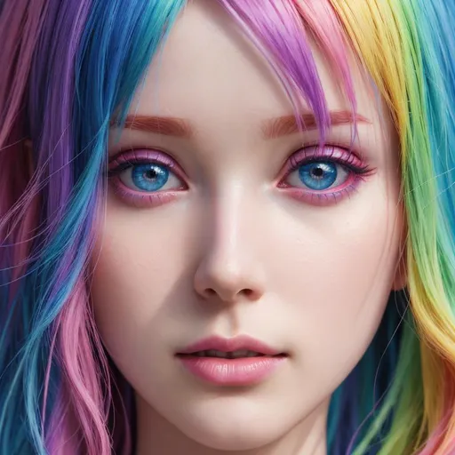 Prompt: HDR, UHD, 64k, best quality, pale skin, unrealistically, rainbow colored hair,  UHD, hd , 64k, , hyper realism, Very detailed, full body, hyper realism, Very detailed, female anime, slender body, in hyperrealistic detail, rainbow hair, facial closeup