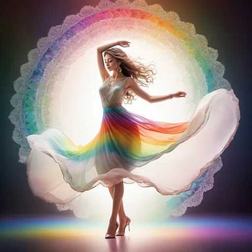 Prompt: (elegant lady), graceful pose, vivid (colors of the rainbow), flowing attire, chic accessories, soft and dreamy ambiance, radiating a sense of joy, ultra-detailed, ambient lighting, romantic atmosphere, intricate patterns, harmonious blend of hues, beautifully flowing hair, serene expression, enchanting background bursting with color, high-quality rendering.