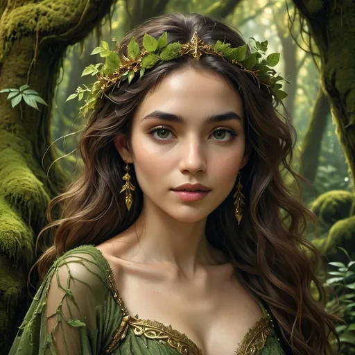 Prompt: Bathed in the ethereal light filtering through a lush forest, a majestic figure stands elegantly against a moss-covered tree, embodying an enchanting blend of nature and grace. Dressed in a stunning gown that transitions from rich green to warm gold, her attire is adorned with vine-like details and leaves, accentuating her connection to the earth. With long, cascading hair and a crown of verdant foliage, her serene expression seems to radiate wisdom and tranquility amidst the vibrant greenery. The soft, dappled sunlight enhances the vivid colors of her ensemble, creating a dreamlike atmosphere that invites viewers into a whimsical woodland realm. The setting, filled with ancient trees and lush undergrowth, evokes a sense of magic and mystery, inviting a narrative steeped in nature's beauty and enchantment.