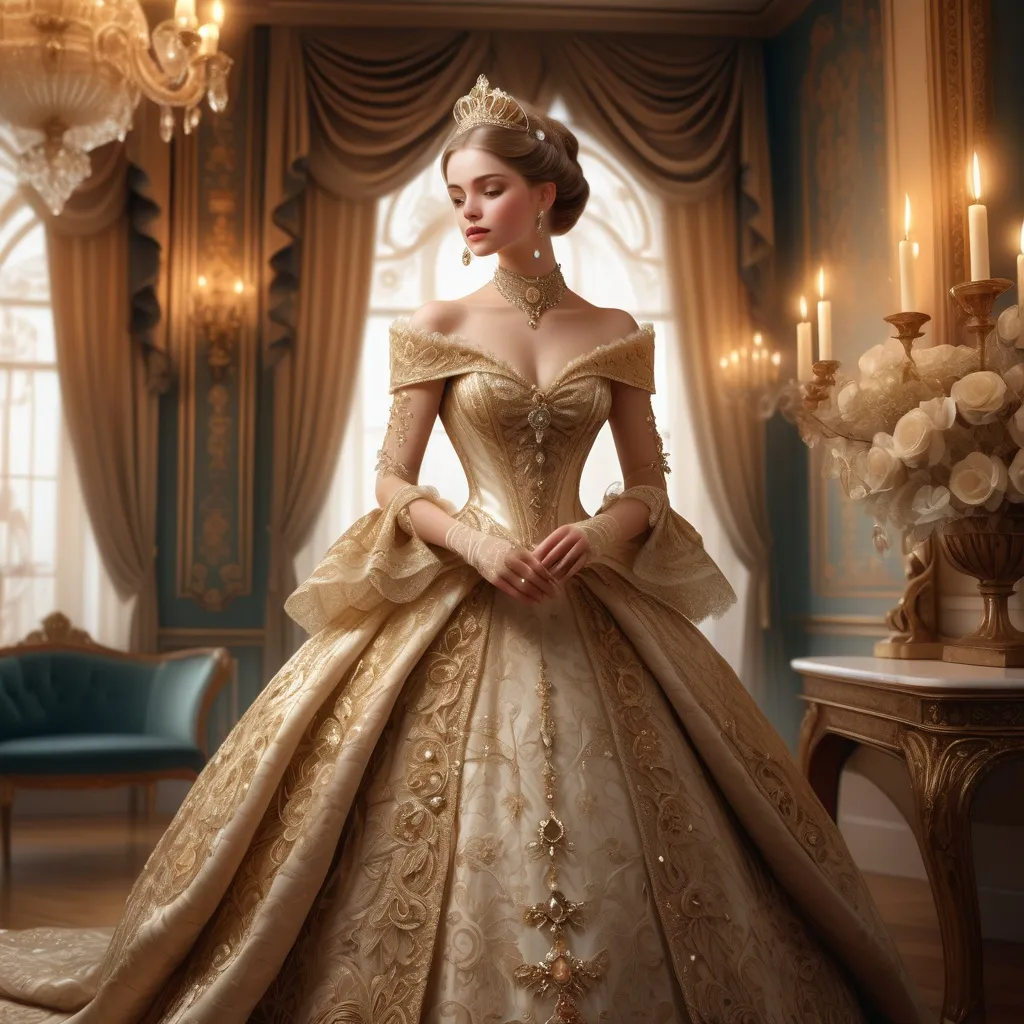 Prompt: Victorian princess, elegantly dressed in a lavish gown with intricate lace details, holding a delicate fan, exquisitely adorned with jewels, soft golden candlelight illuminating her surroundings, a luxurious opulent ballroom background, romantic and enchanting ambiance, intricate wallpaper patterns, vintage decor elements, high detail, 4K resolution, soft warm tones, evoking a sense of timeless beauty and royal grace.