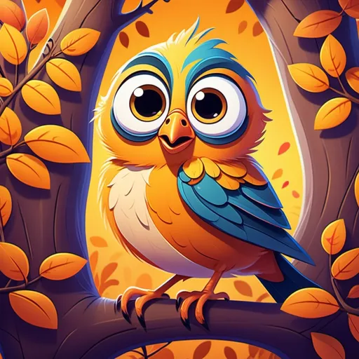 Prompt: Cartoon illustration of a bird in a tree, vibrant colors, warm atmosphere, big expressive eyes, high quality, vibrant colors, cute cartoon, detailed fur, playful, whimsical, warm lighting