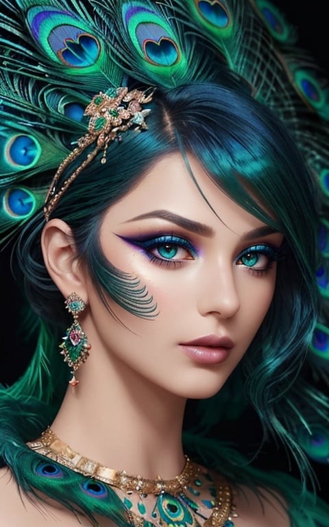 Prompt: Gorgeous woman with beautiful makeup and hair, peacock feathers, high-quality, detailed, realistic, elegant, vibrant colors, professional makeup, glamorous lighting, 4k resolution, portrait, detailed facial features, luxurious, exotic, peacock feathers, elegant hairstyle, stunning makeup, beauty shot