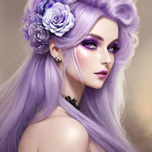 Prompt: A beautiful woman, white hair with pastel purple highlights, violet eyes, blue eyeshadow, pastel blue roses in her hair, blue jewels on forehead, cartoon style