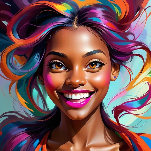 Prompt: Young lady in vibrant, colorful, digital painting, long flowing hair, radiant smile, dynamic and energetic, high quality, digital art, vibrant colors, expressive portrait, energetic, joyful, vivid hues, lively, professional lighting