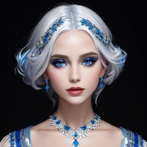 Prompt: A beautiful woman, white hair, blue eyes, blue eyeshadow, blue jewels o