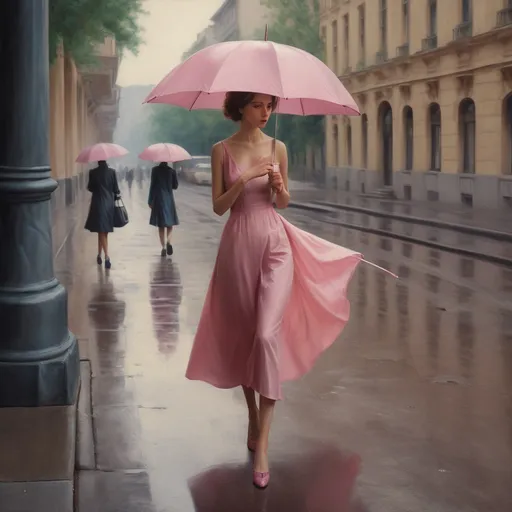 Prompt: a woman in a pink dress is walking down the street holding a cream colored umbrella in her hand and people walking on the sidewalk behind her, Anka Zhuravleva, fantastic realism, cinematic photography, a photorealistic painting