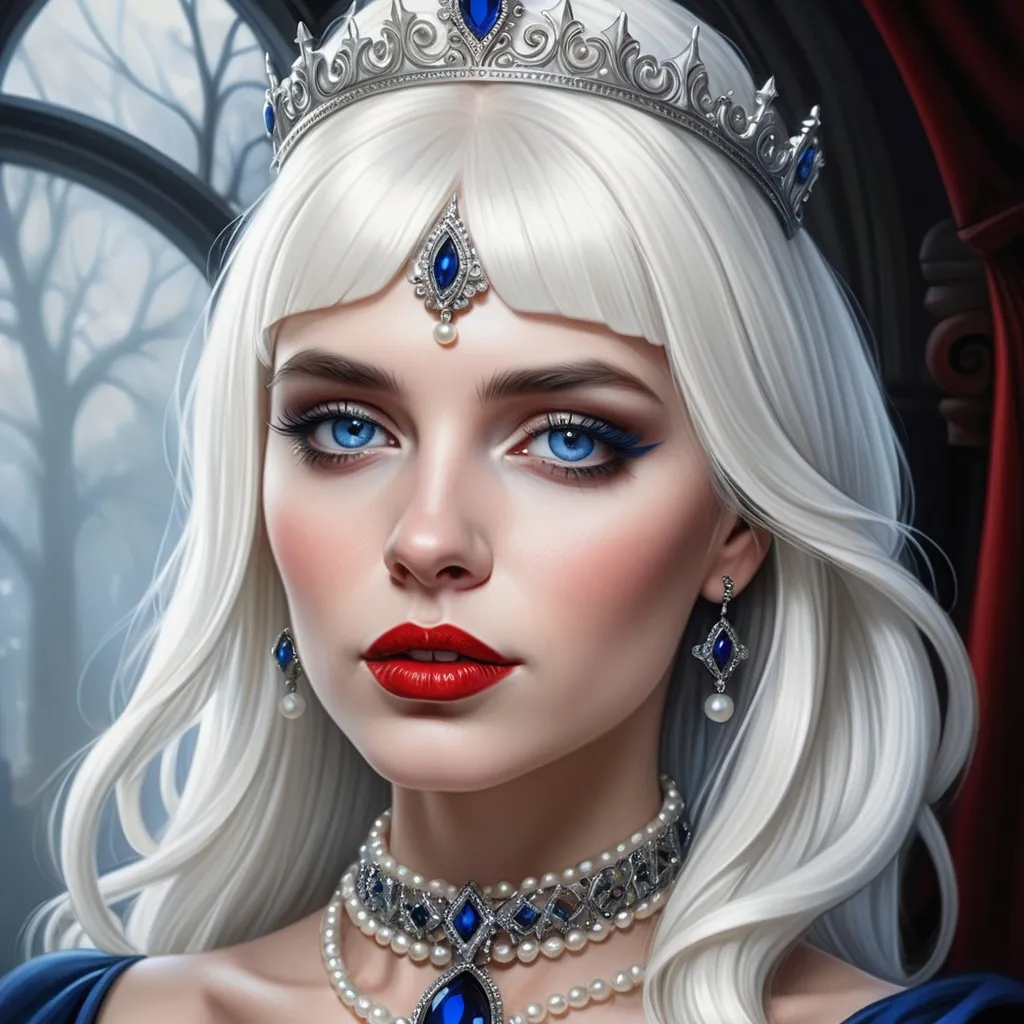 Prompt: a woman with  white hair, blue eyes, red lips, a tiara and pearls on her head and a red lip and a blue dress with a red and white collar, Anne Stokes, gothic art, highly detailed digital painting, a detailed painting