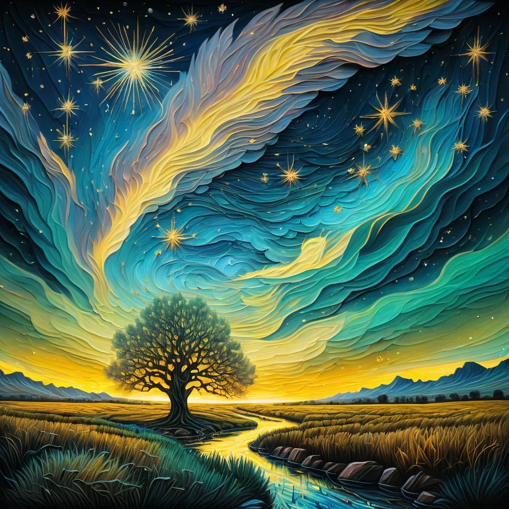 Prompt: a painting of a tree with a stream running through it and a sky filled with stars and clouds above it, Van Gogh sky, Dan Mumford, psychedelic art, intricate oil painting, a detailed painting