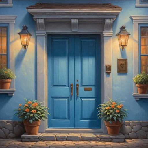 Prompt: a blue door with two potted plants on the side of it and a window above it with a light on, Evgeny Lushpin, american scene painting, kinkade, a detailed painting