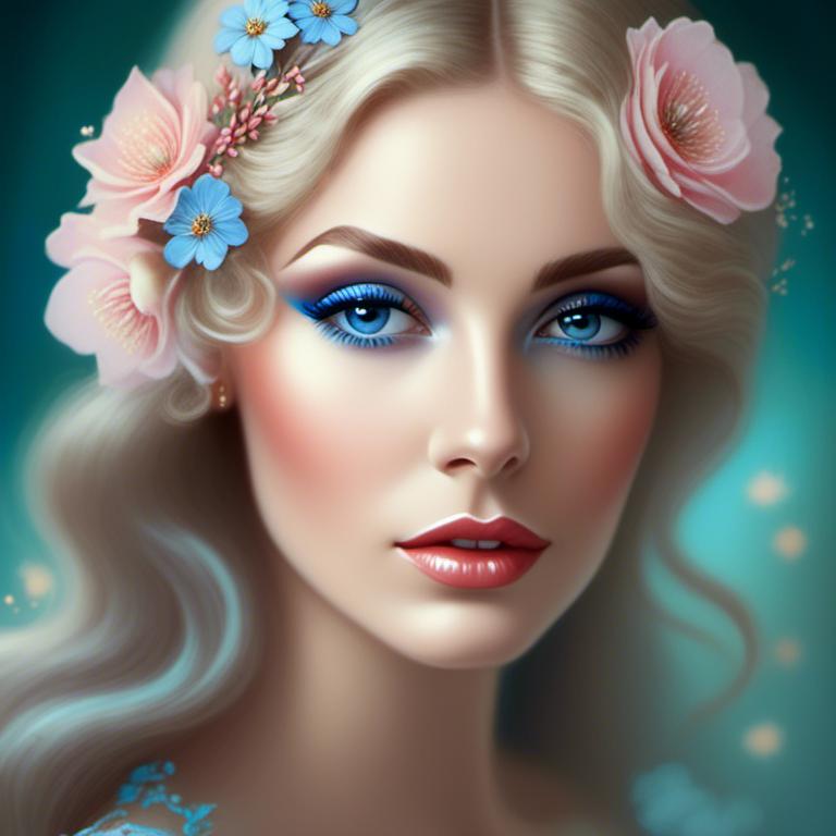 Prompt: <mymodel>beautiful woman, ethereal,dreamscape,, pale blue colors, flowers, closeup