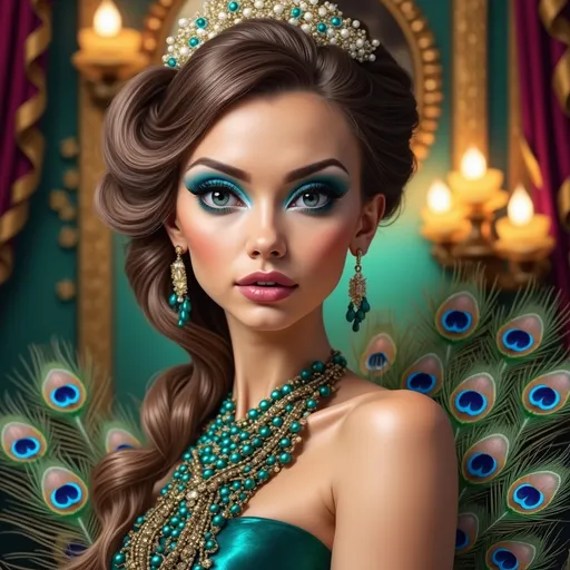 Prompt: a beautiful woman with a peacock costume and jewelry on her head and a peacock , Dirk Crabeth, fantasy art, highly detailed digital painting, a photorealistic painting