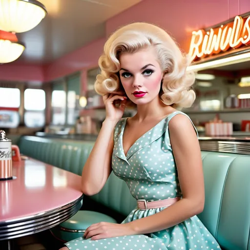 Prompt: Capture a stunning 1960s bombshell, radiating confidence and allure against a backdrop of a retro diner bathed in soft, pastel hues. The setting is infused with warm, inviting light, casting playful reflections on polished chrome surfaces. She dazzles in a classic polka-dot dress, cinched at the waist, her hair elegantly styled in voluminous curls, a subtle hint of vibrant red lipstick framing her bright smile. Leaning back against a vintage jukebox, one hand playfully tucked behind her head, she exudes charm and charisma. Outside, a soft summer breeze stirs the colorful neon sign, enhancing the nostalgic atmosphere. This scene is evocative of a dreamy watercolor illustration, capturing the essence of a bygone era while emphasizing the timeless beauty of the subject.