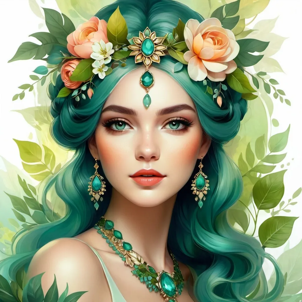 Prompt: a woman with flowers in her hair and a necklace on her head, surrounded by leaves and flowers, is shown in a digital painting style, Anna Dittmann, fantasy art, highly detailed digital painting, a detailed painting