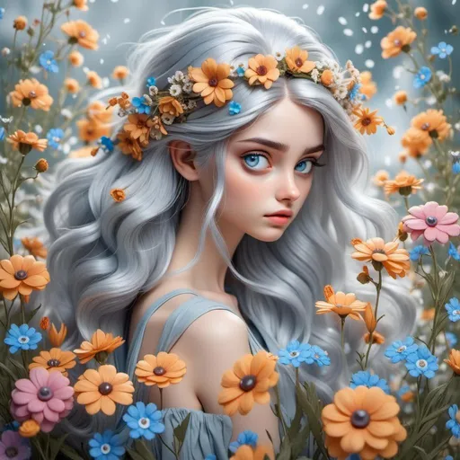 Prompt: <mymodel>A beautiful and colourful Persephone whose hair is made of clouds that rains down forget-me-not flowers and baby's breath flowers, while chickadees fly around in a painted style
