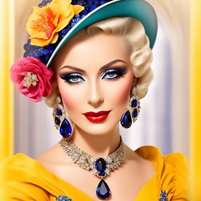 Prompt: Glamorously dressed lady of rhe 1930's wearing sapphire jewelry,blue eyes