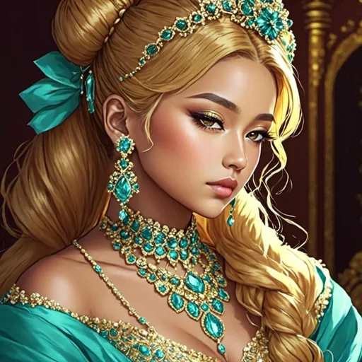 Prompt: <mymodel>lady wearind turquoise jewelry