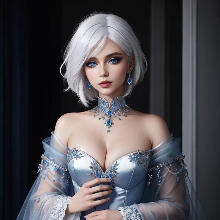 Prompt: A beautiful woman, white hair, blue eyes, blue eyeshadow, blue jewels o