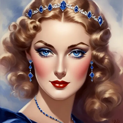 Prompt: <mymodel>Glamorously dressed lady of rhe 1930's wearing sapphire jewelry,blue eyes