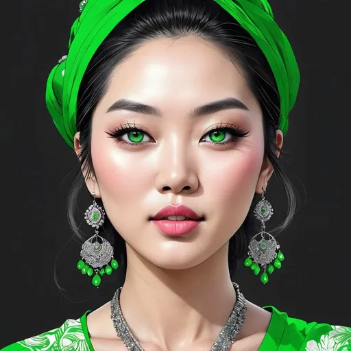 Prompt: <mymodel>Detailed illustration of a asian woman in vibrant green attire, large vivid green eyes, elegant makeup, digital painting, high resolution, realistic style, vibrant green, professional lighting