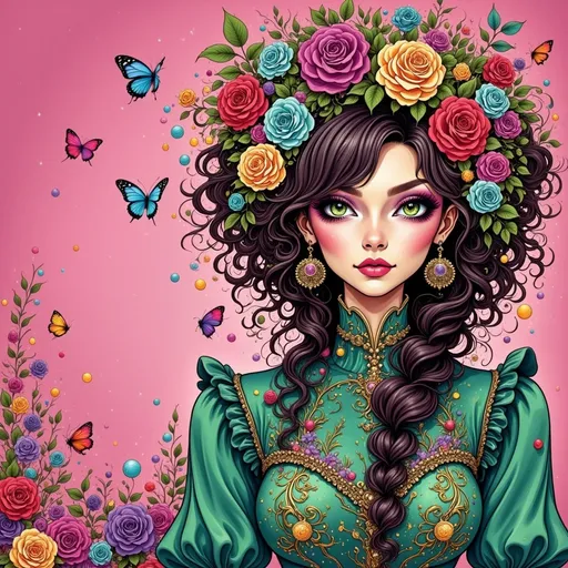 Prompt: a woman with long hair and flowers in her hair, wearing a green dress and a pink background with roses, Charlie Bowater, gothic art, highly detailed digital painting, a character portrait