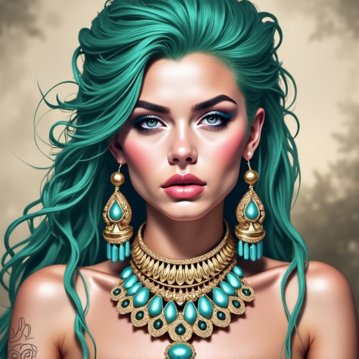 Prompt: a woman with green hair wearing a necklace and earrings with turquoise eyeshadow and gold jewelry set on her face, Artgerm, fantasy art, highly detailed digital painting, a photorealistic painting