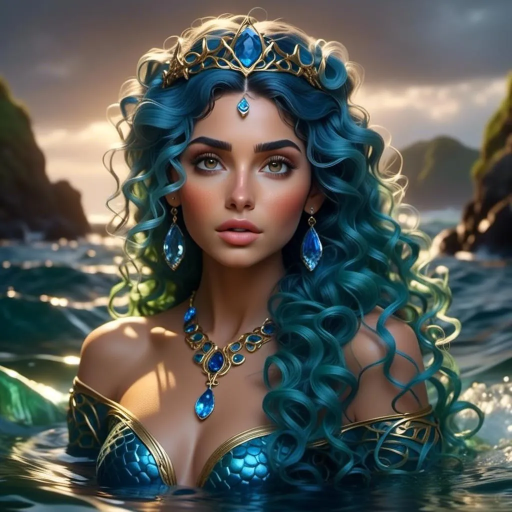 Prompt: <mymodel>HD 4k 3D 8k professional modeling photo hyper realistic beautiful woman ethereal greek goddess druid mermaid
cobalt blue hair olive skin gorgeous face  jewelry druid crown colored mermaid tail full body surrounded by ambient glow hd landscape under lush celtic waters

