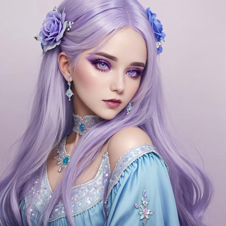 Prompt: A beautiful woman, white hair with pastel purple highlights, violet eyes, blue eyeshadow, pastel blue roses in her hair, blue jewels on forehead