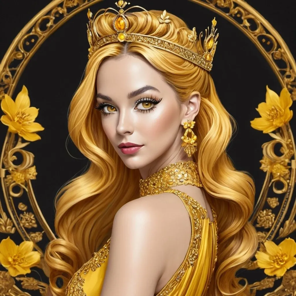 Prompt: <mymodel>Queen bee-A beautiful woman with golden hair arrainged in a top knot behind a gold tiara. Amber colored eyes, gown in colors of yellow and black, facial closeup