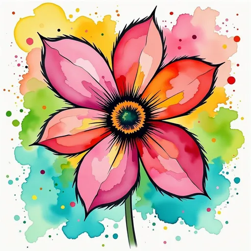 Prompt: This is a digital drawing of a vibrant, multi-colored flower, executed in a watercolor and ink style. The flower has six petals, each displaying a gradient of colors including pink, red, orange, yellow, and green, blending seamlessly into one another. The petals are outlined in bold, black ink, which contrasts sharply with the bright, watercolor washes. The center of the flower is a small, dark yellow circle with black ink lines radiating outward, giving it a textured, almost stamen-like appearance. The background is a splatter of watercolor hues, primarily yellow, green, blue, and pink, creating a dynamic, abstract effect. The watercolor splatters are uneven and spread out, adding a sense of movement and energy to the image. The white background enhances the vibrancy of the colors and makes the flower the focal point. The overall style is modern and abstract, with a playful and lively aesthetic. The combination of ink and watercolor gives the image a textured, layered look, with the ink providing structure and the watercolor adding a sense of fluidity and spontaneity.