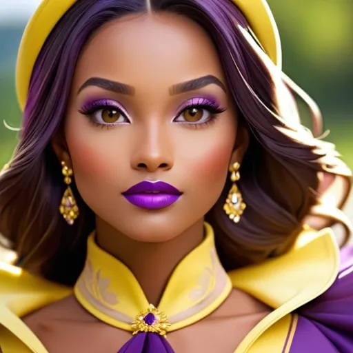 Prompt: lady in purple and yellow high class attire, facial closeup
