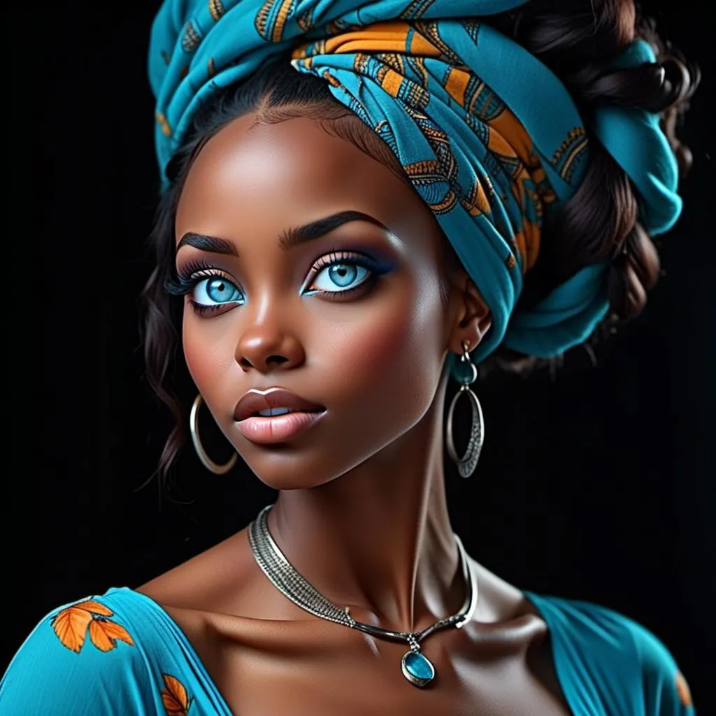 Prompt: Elegant black woman, striking blue eyes<mymodel>