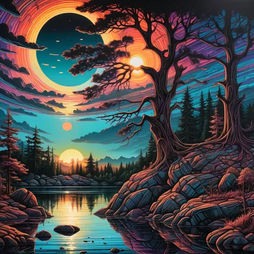 Prompt: a painting of a sunset over a lake with trees and rocks in the foreground and a sunset in the background, Dan Mumford, psychedelic art, sun, an airbrush painting