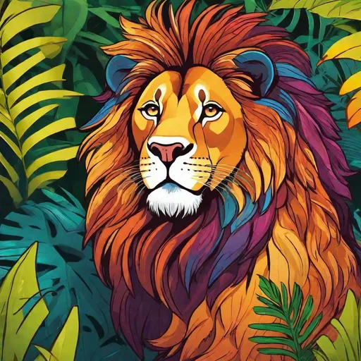 Prompt: Cartoon drawing of a lion, vibrant colors, playful and friendly expression, jungle setting, detailed fur with lively texture, high quality, cartoon style, vibrant tones, jungle lighting