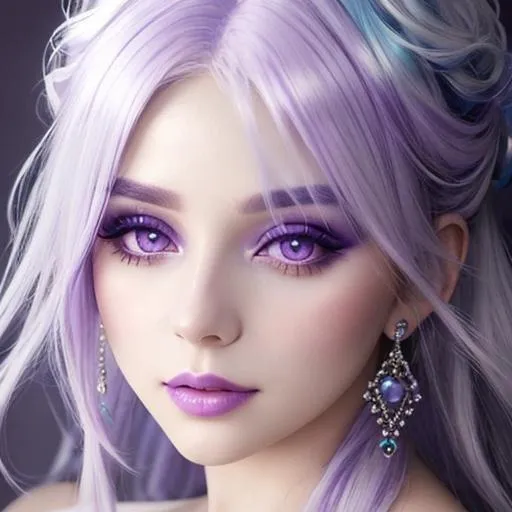 Prompt: A beautiful woman, white hair with pastel purple highlights, violet eyes, blue eyeshadow, pastel blue roses in her hair, blue jewels on forehead