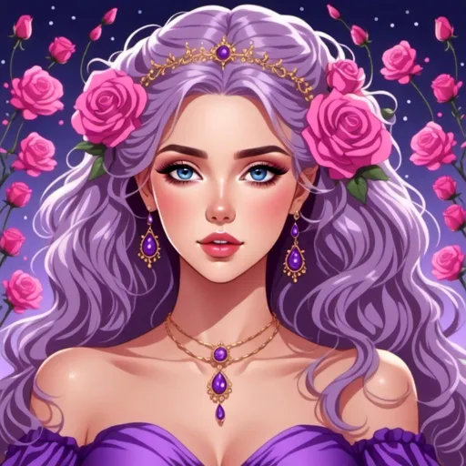 Prompt: <mymodel>Cosmic Epic Beauty, Beautiful and Gorgeous, purple roses in hair