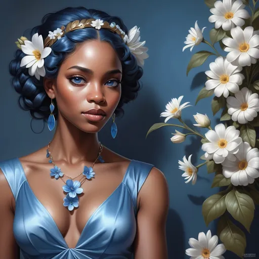 Prompt: a  black woman with a blue eyes wearing a blue  dress and a flower in her hair and a necklace with flowers in her hair, Artgerm, fantasy art, highly detailed digital painting, a photorealistic painting