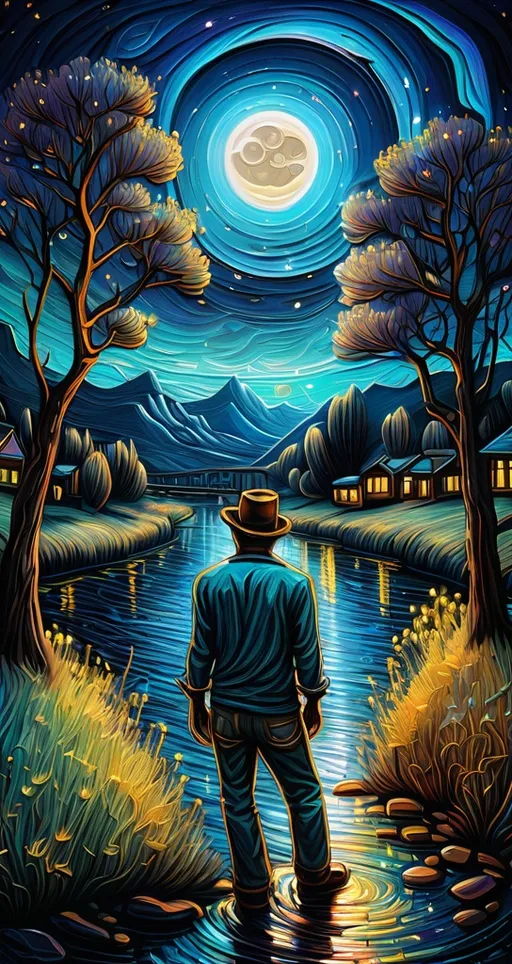 Prompt: a painting of a night sky with stars and a river with  and a full moon, Van Gogh, Dan Mumford, psychedelic art, intricate oil painting, a detailed painting