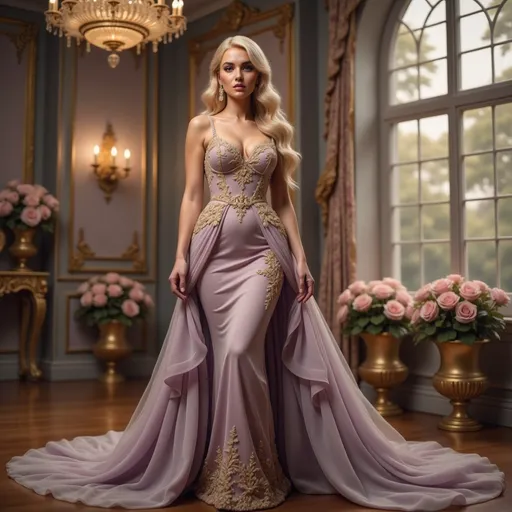 Prompt: In an opulent ballroom adorned with lavish decor, a stunning figure stands gracefully, enveloped in a flowing lavender gown that shimmers with intricate gold embroidery. The gown hugs her silhouette perfectly, with a fitted bodice and a dramatic train cascading behind her, capturing the elegance of the surroundings. Soft light filters through large, ornate windows, illuminating her long, wavy hair and enhancing the delicate features of her face, which holds a serene yet commanding expression. Rich wood flooring adds depth to the scene, while lush arrangements of pink blooms in ornate pots frame her figure, inviting a romantic and regal atmosphere that feels both timeless and enchanting.