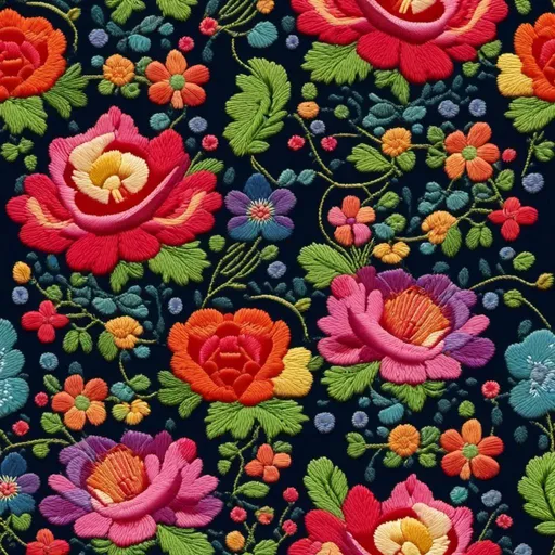Prompt: <mymodel>Seamless pattern, embroidery design, colorfull threads, flowers and leaves, russian style, high resolution image